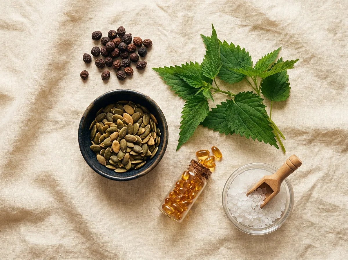 Natural botanical ingredients for Hardero men's supplement: saw palmetto, pumpkin seeds, nettle leaves, wheat germ