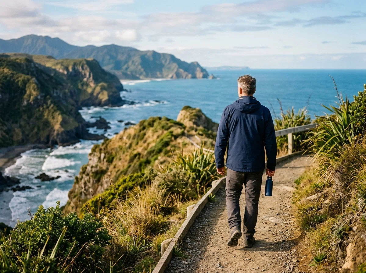 Anonymous man walking along a New Zealand coastal path - men over 50 wellbeing routine New Zealand