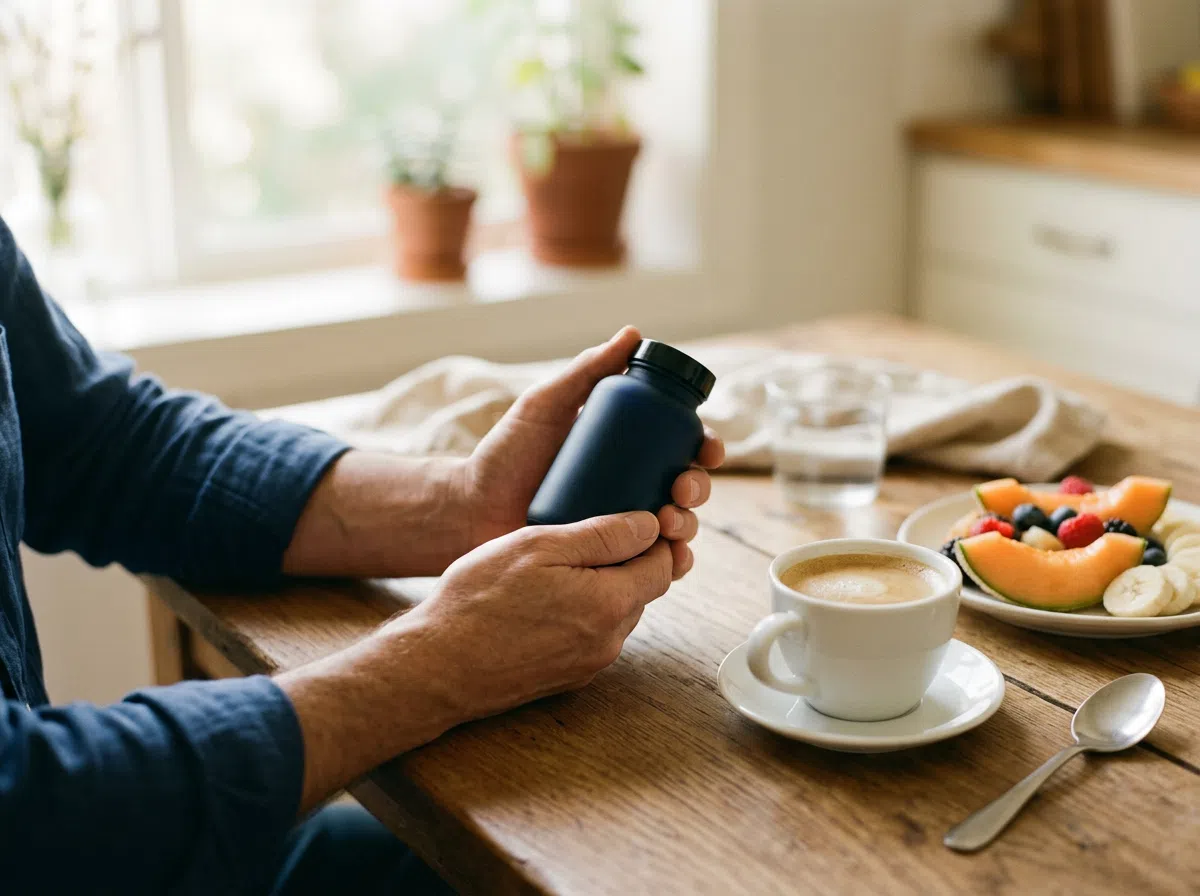 Man's hands holding Hardero supplement bottle on morning breakfast table - men's health food supplement NZ morning routine