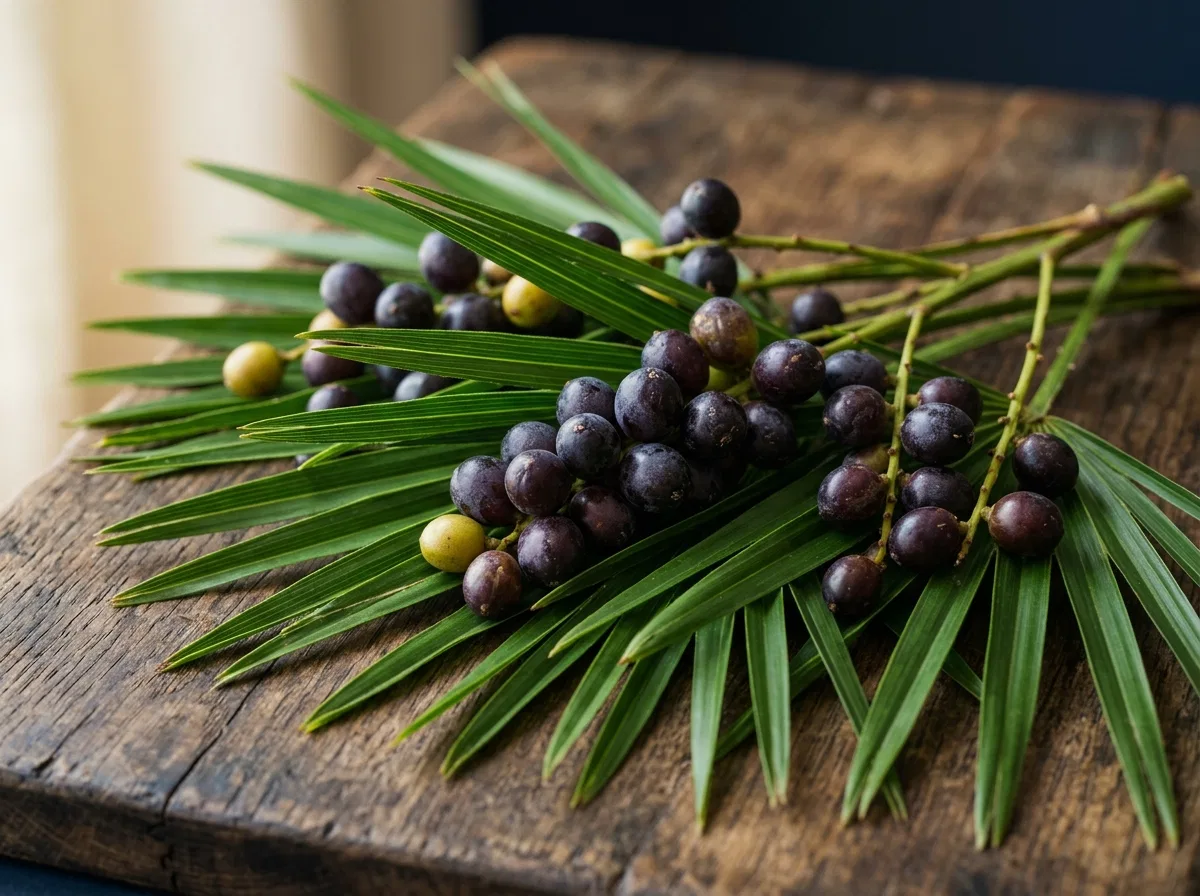 Macro photograph of fresh saw palmetto berries on wooden surface - natural botanical ingredient